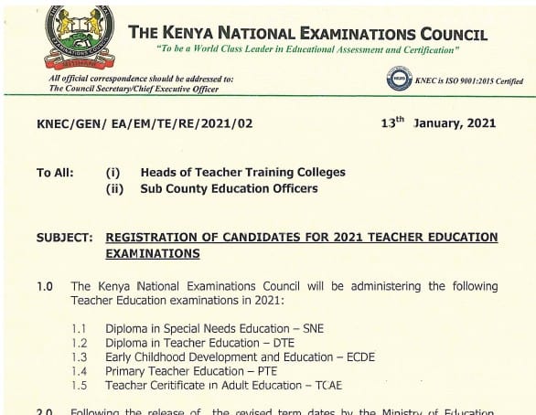 Registration of candidates for the 2021 Teacher Education Exams (SNE, DTE, ECDE and PTE)- Knec circular