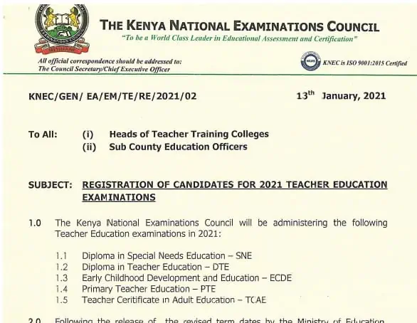 Teacher Training Colleges (TTC) 2021 Knec exams.