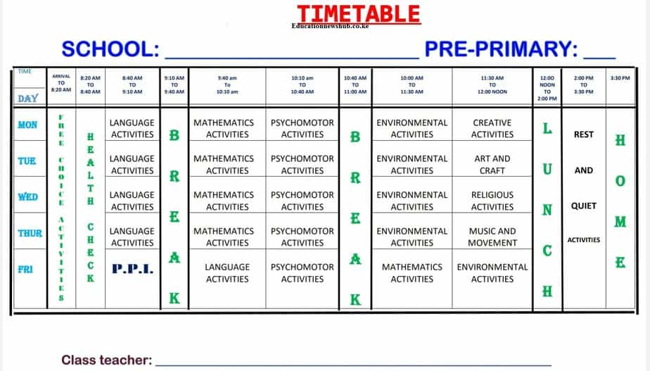 Primary school class time tables free downloads; ECDE, Pre-primary, Lower Primary and CBC Timetables
