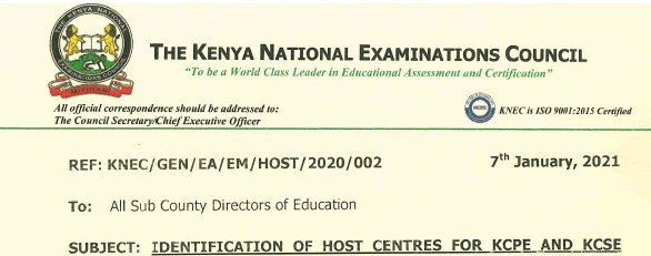 KNEC circular on conduct of 2020 KCSE and KCPE exams in March 2021.