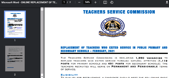 TSC advert for teachers recruitment in March 2021