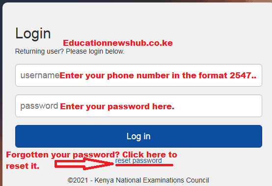 Knec examiners log in window.