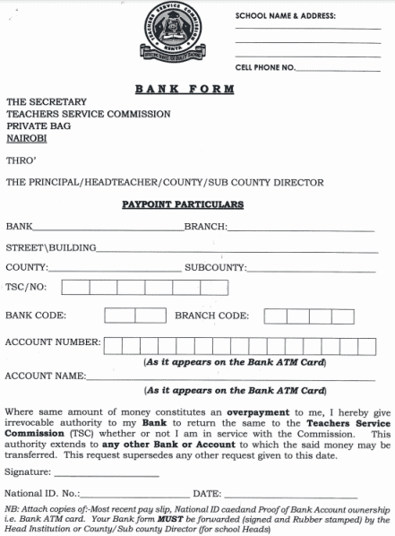 TSC Bank Form For Teachers