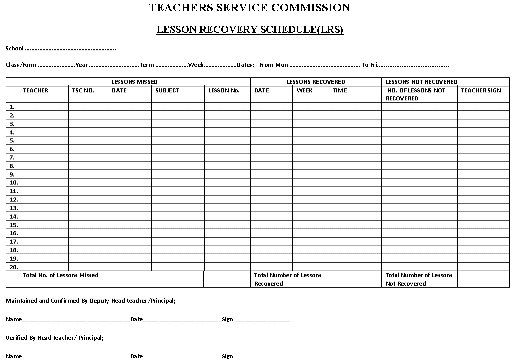 TSC Lesson Recovery Schedule Form in pdf free download.