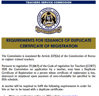 TSC latest requirements for issuance of a duplicate certificate of registration.