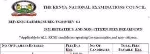 2025 KCSE repeaters and non citizens Knec fees break down form 1 knec fees 2021