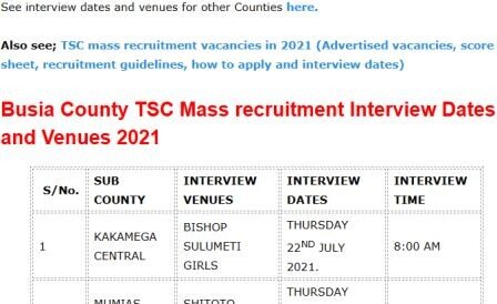 TSC interview dates and venues 2021 for mass recruitment per County (Kakamega)