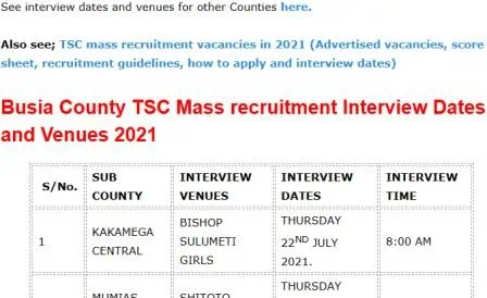 TSC mass recruitment interview dates and venues for Kakamega County