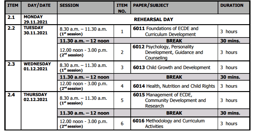 ECDE Diploma Timetable 2021
