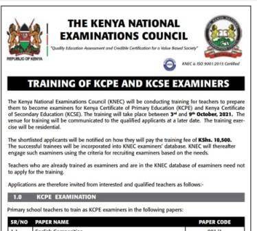 Advert for training of Knec examiners in 2021