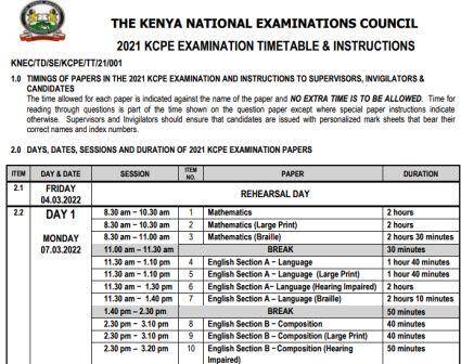 KCPE Time Table- 2021 KNEC official and Final Time Table
