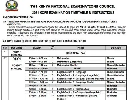 KCPE Timetable 2021-2022