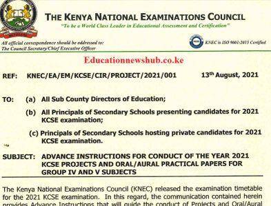 KCSE 2021-2022 KNEC INSTRUCTIONS FOR CONDUCT OF THE YEAR 2021 KCSE PROJECTS AND ORAL/AURAL PRACTICAL PAPERS FOR GROUP IV AND V SUBJECTS