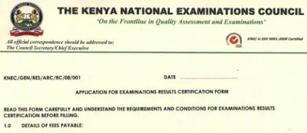 Application for statement of examination results form - KNEC.