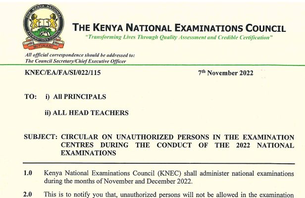 Knec Circular on persons allowed at exam centres