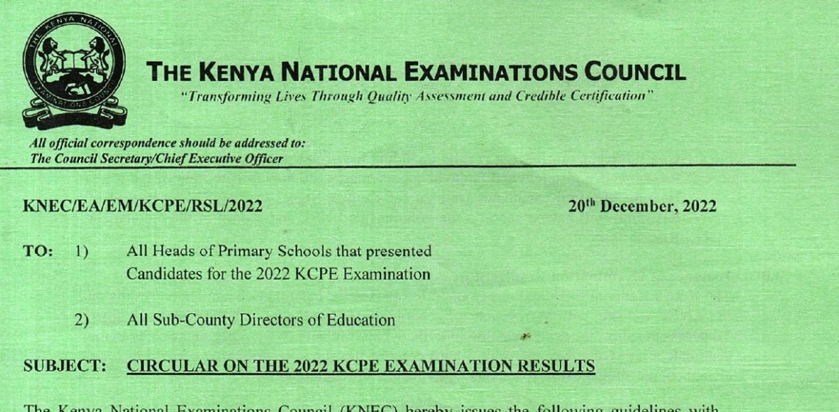 KNEC circular on 2022 KCPE Exam results, grading , result slips, certificates