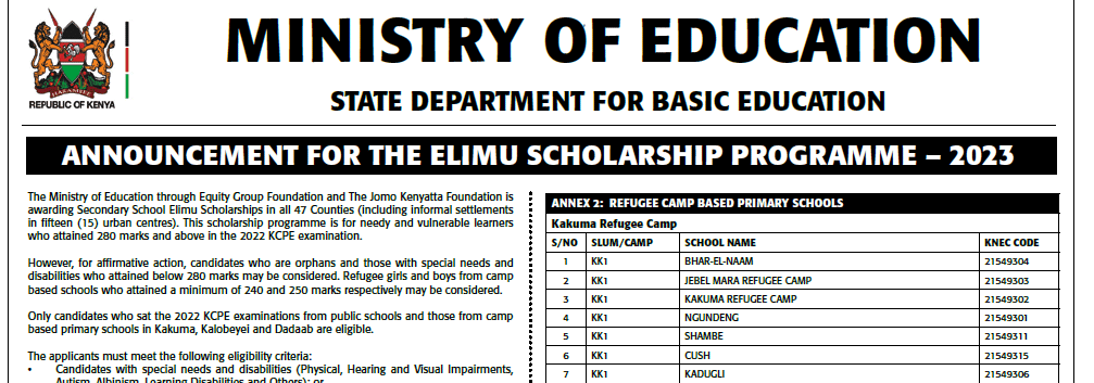 Ministry of Education Announces 2023 Elimu Form 1 Scholarships; See full details