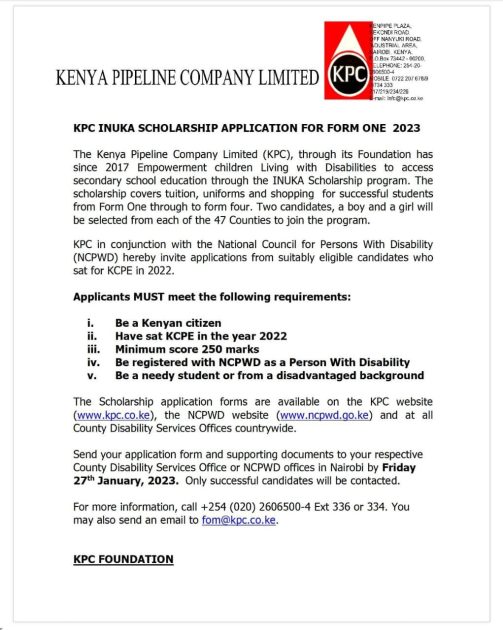 Kenya Pipeline Company, KPC,  Inuka Form one Scholarships 2023