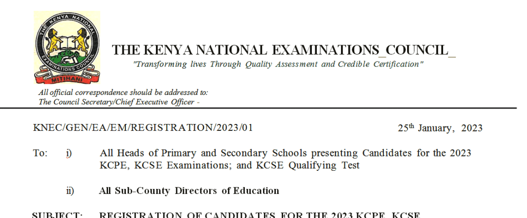Knec Circular on registration of 2023 KCSE and KCPE Candidates