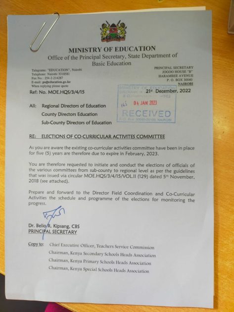 Ministry of education circular on elections of Co-curricular activities committees