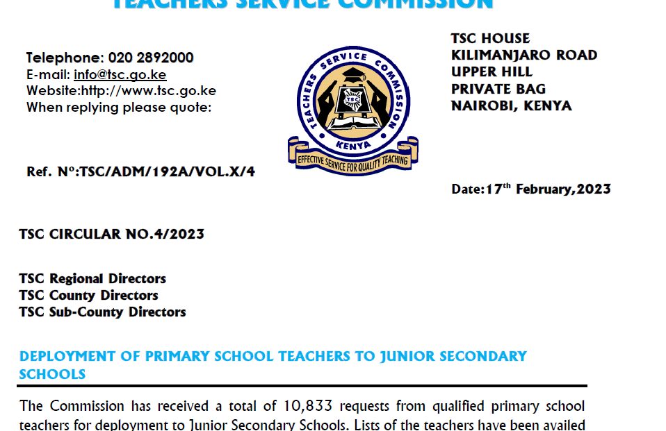 Final TSC Circular on deployment of primary school teachers to junior secondary schools