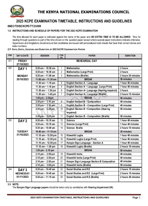 KCPE 2023 Final Knec Time table