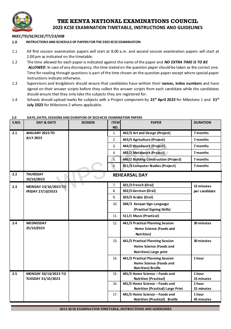 KCSE 2023 final timetable and instructions.