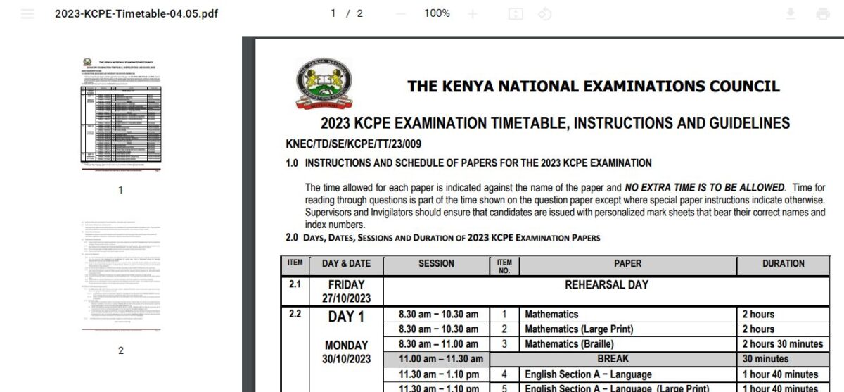 KCPE 2023 Revised Final timetable download and instructions