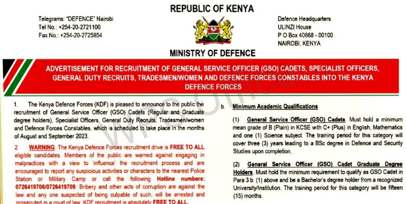 KDF Cadets Recruitment in August/ September 2023: Recruitment Centres and Time