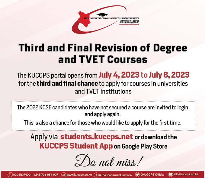 Kuccps 2023/2024 Portal now open for third and final revision of degree and TVET courses