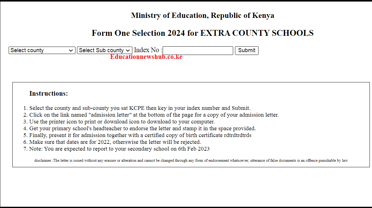 2024 Form one admission letters download portal.