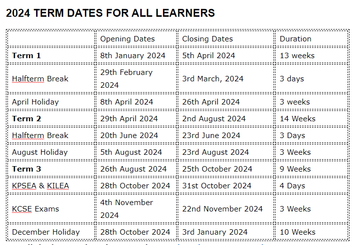 Ministry of education official school term dates for 2024