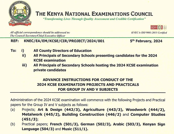 KCSE 2024 Projects and Practical papers for the Group IV and V subjects; Instructions and Marking Schemes