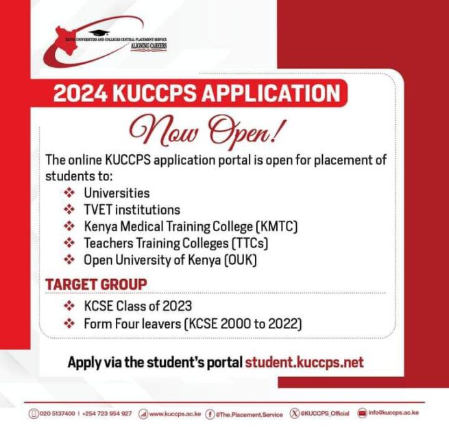 Kuccps opens portal for 2024/2025 applications by KCSE 2023 students