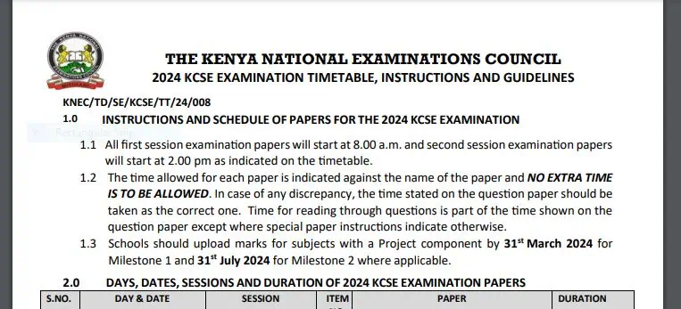 KCSE 2024 revised & final timetable free download