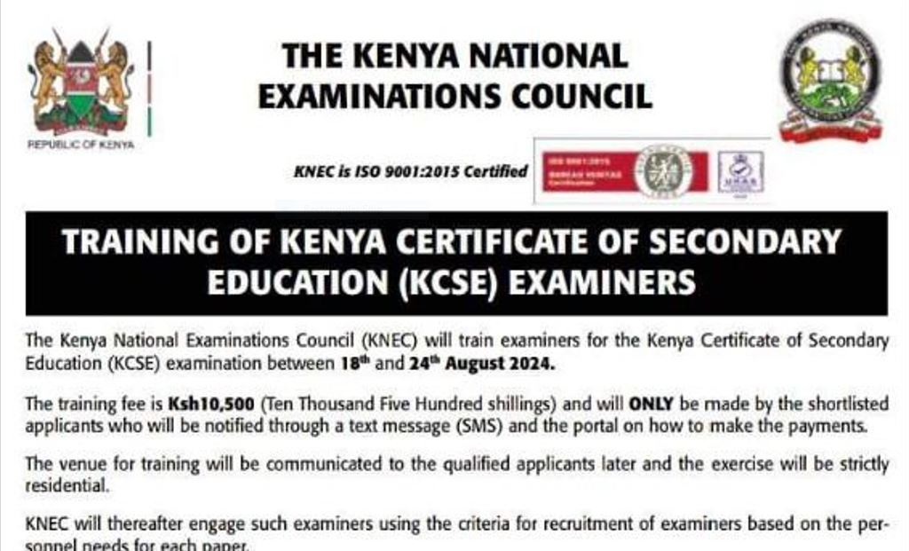 Knec advert for Examiners Training in August 2024