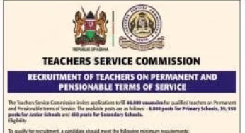 TSC starts recruiting 46,000 teachers on permanent terms