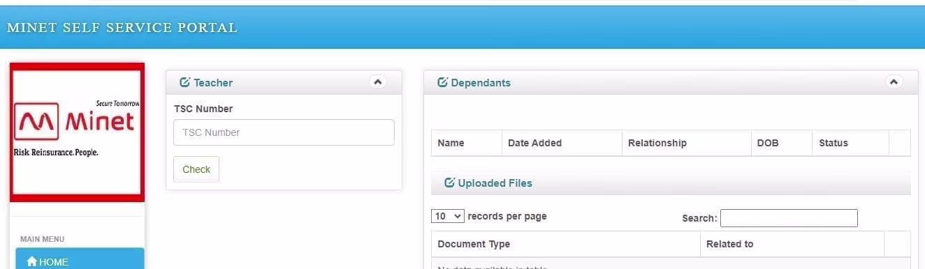 Minet link for uploading dependants documents for teachers: https://collaborationkenya.minet.com/tsc 1 Minet self service portal for teachers