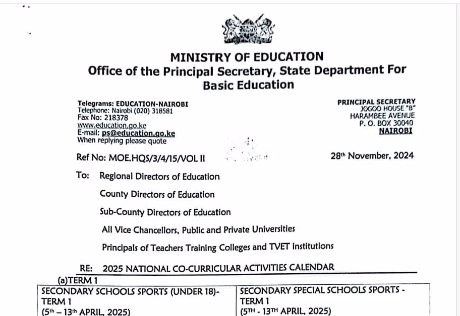 2025-2026 Schools Academic Calendar & Term Dates- Revised & Final 1 2025 Co-ccuricular activities calendar for School games, Drama, Music and Science & Engineering