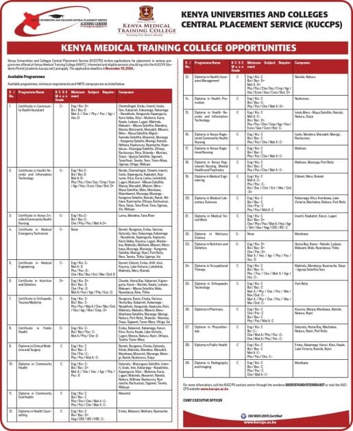 Advertised KMTC Courses for new applications