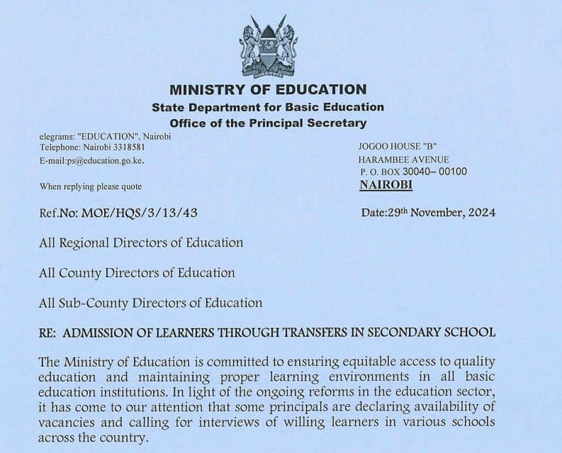 Education Ministry's circular that has banned illegal transfers and admissions of students in other schools