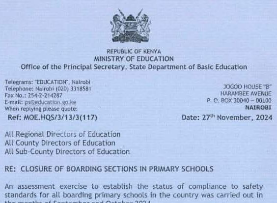 Ministry of Education Circular on the closure of boarding sections in Primary Schools