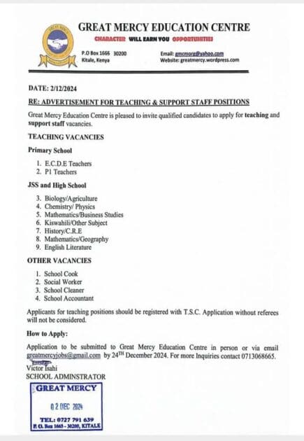 2025 BOM Teaching Vacancies for all Schools in Kenya - Best list {Updated} 13 Teaching Vacancies at Great Mercy Education Centre