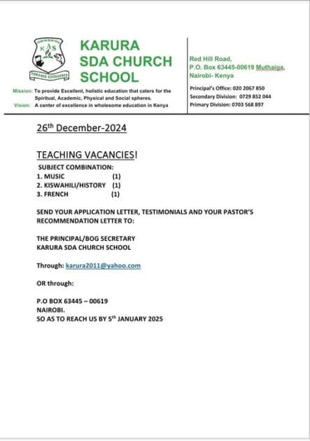 2025 BOM Teaching Vacancies for all Schools in Kenya - Best list {Updated} 12 Teaching Vacancies at Karura SDA Secondary School
