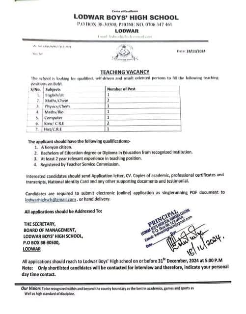 2025 BOM Teaching Vacancies for all Schools in Kenya - Best list {Updated} 14 Teaching Vacancies at Lodwar High School