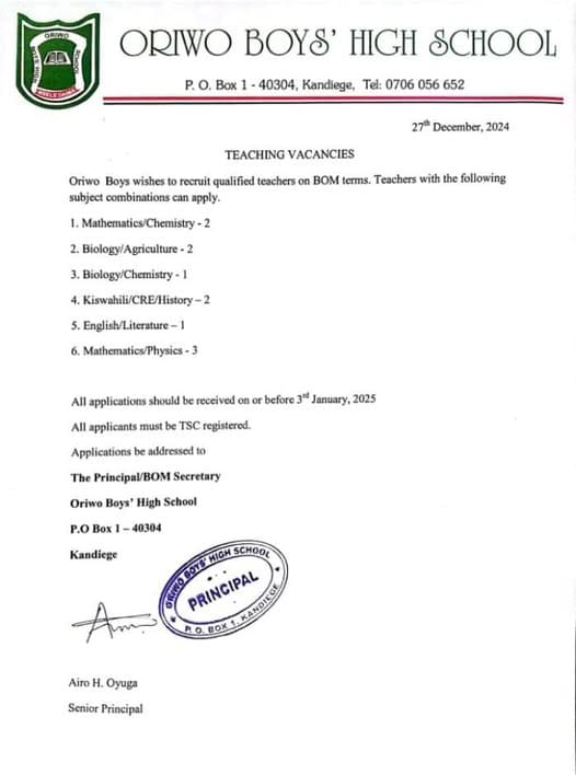 2025 BOM Teaching Vacancies for all Schools in Kenya - Best list {Updated} 17 Teaching Vacancies at Oriwo Boys
