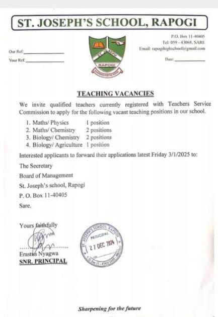 2025 BOM Teaching Vacancies for all Schools in Kenya - Best list {Updated} 15 Teaching Vacancies at Rapogi High School