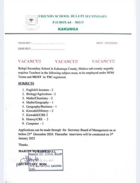 2025 BOM Teaching Vacancies for all Schools in Kenya - Best list {Updated} 16 Teaching Vacancies at at Bulupi Secondary School