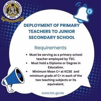 The Commission invites applications for deployment of primary school teachers to junior secondary school. Click https://tsconline.tsc.go.ke/tsc-teacher/login to apply.