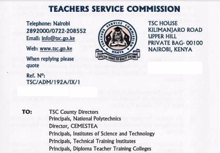 TSC circular to all teachers warning on school absenteeism & class attendance